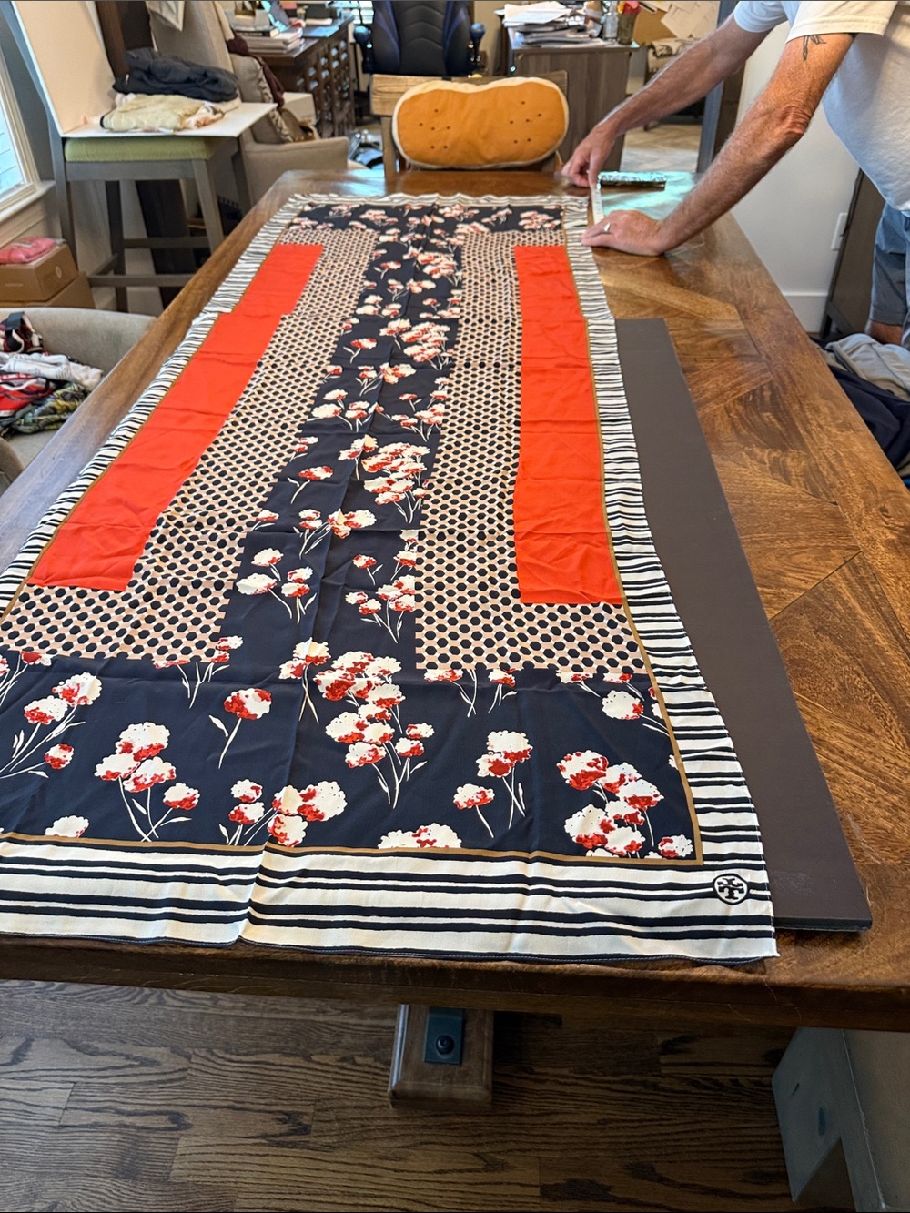Tory Burch Navy Floral Silk Scarf with Red Panels